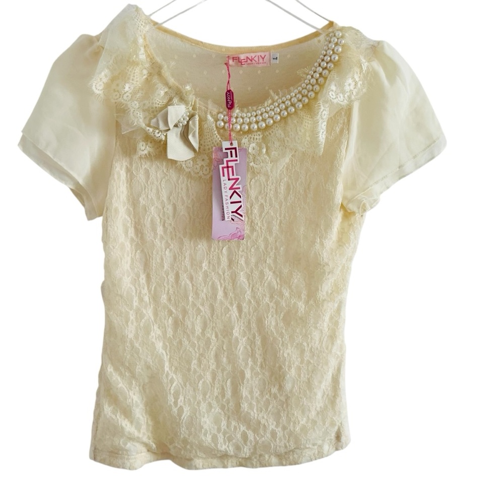 Flenkly Cream Lace Bow Pearl Neckline Blouse Top